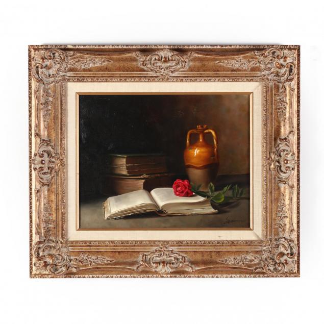 italian-school-20th-century-still-life-painting-with-books-a-rose