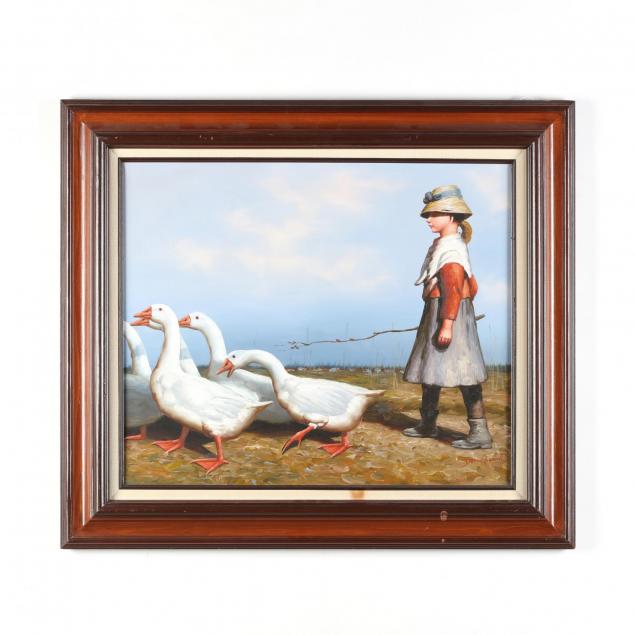 dan-beach-american-20th-c-young-girl-with-a-gaggle-of-geese