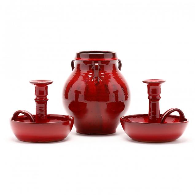 owens-pottery-three-pieces-of-chrome-red-pottery