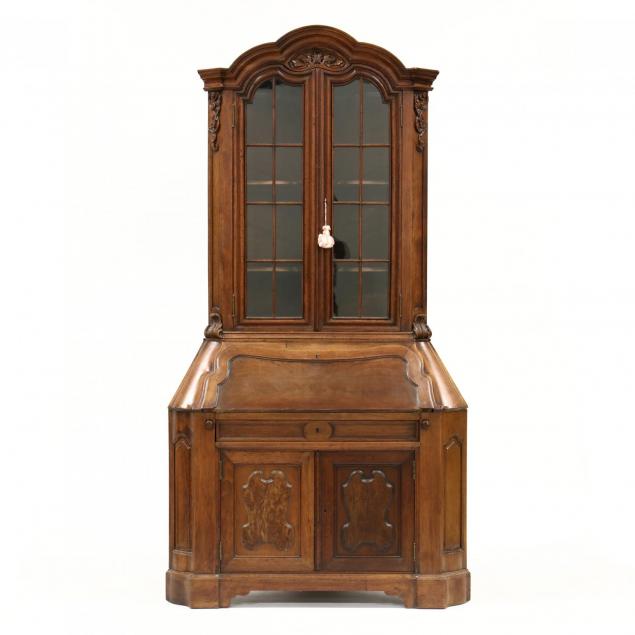 french-provincial-style-carved-walnut-corner-secretaire-bookcase