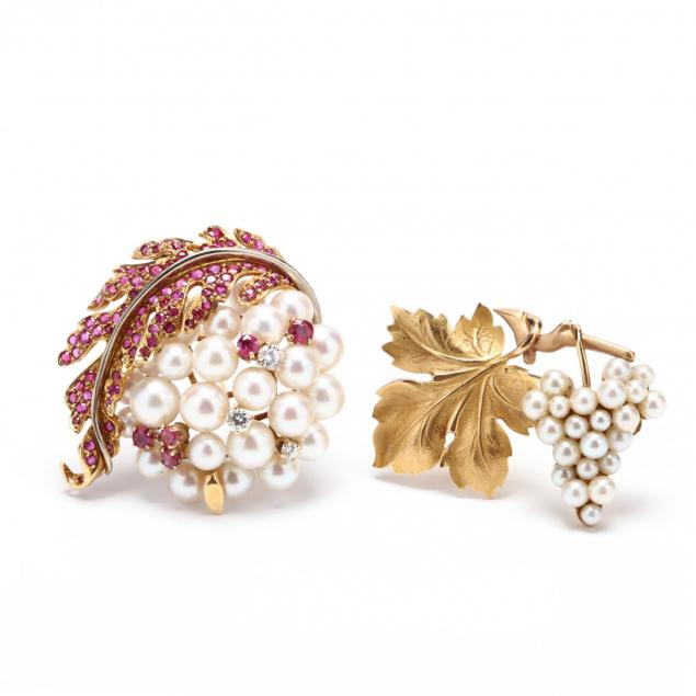 two-gold-pearl-and-gem-set-brooches