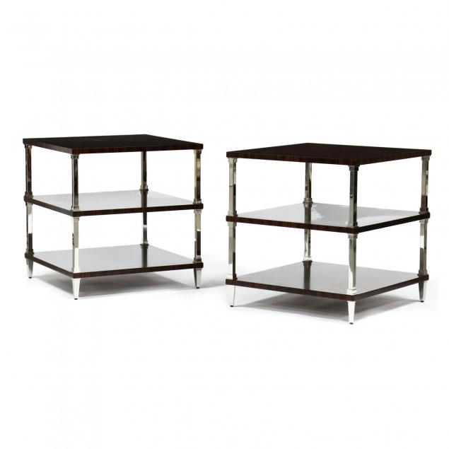 decca-pair-of-contemporary-three-tiered-chrome-and-exotic-hardwood-tables