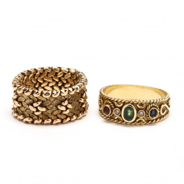 an-18kt-flexible-gold-band-and-an-18kt-gem-set-band