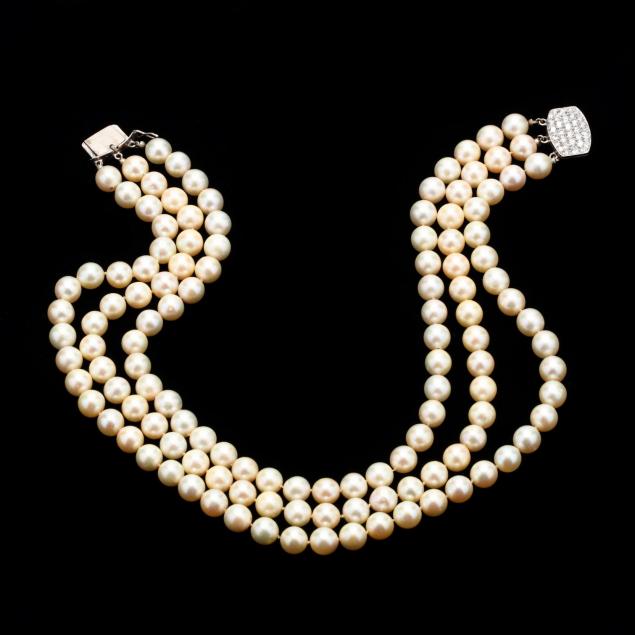 14kt-triple-strand-pearl-choker-with-diamond-set-clasp