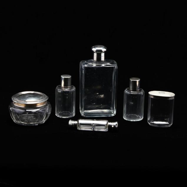 six-glass-and-sterling-silver-dresser-bottles-and-jars