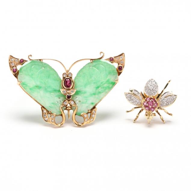 two-14kt-gold-diamond-and-gemstone-brooches
