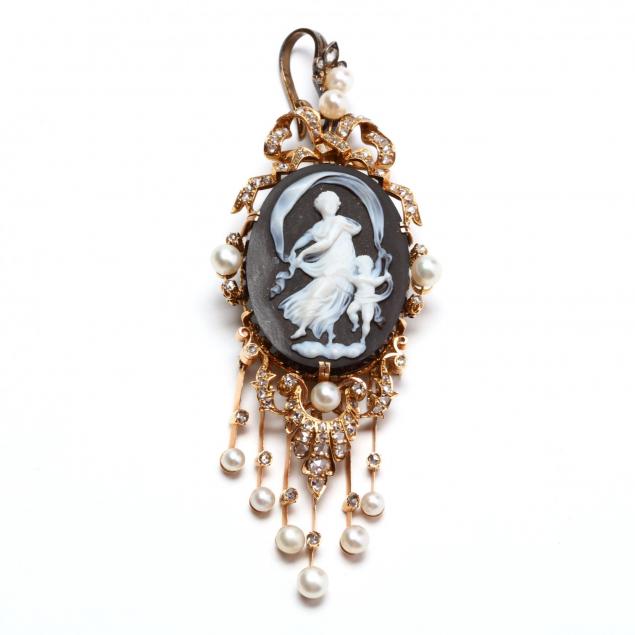 antique-gold-diamond-pearl-and-hardstone-cameo-pendant-brooch