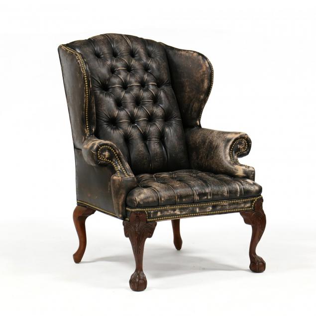 chippendale-style-distressed-leather-wing-back-chair