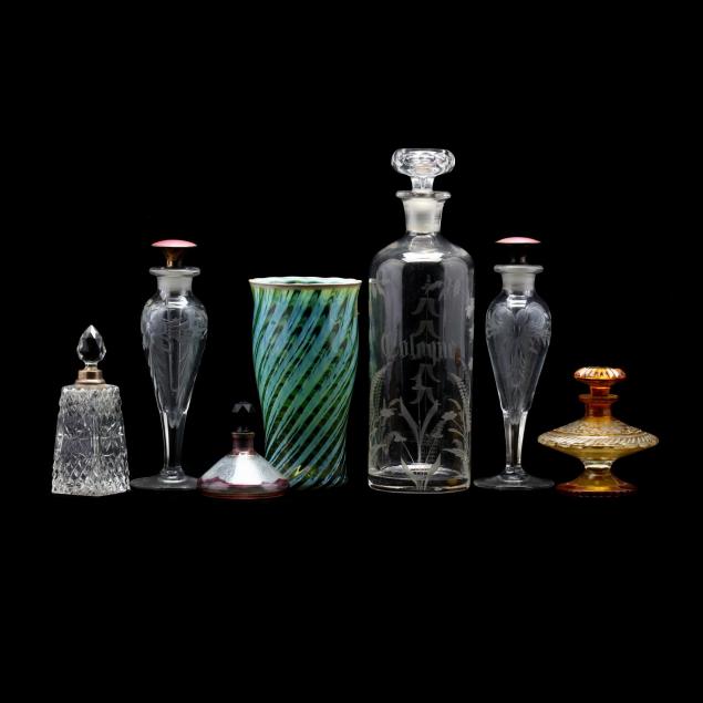 six-vintage-cut-glass-toilette-bottles-and-fostoria-glass