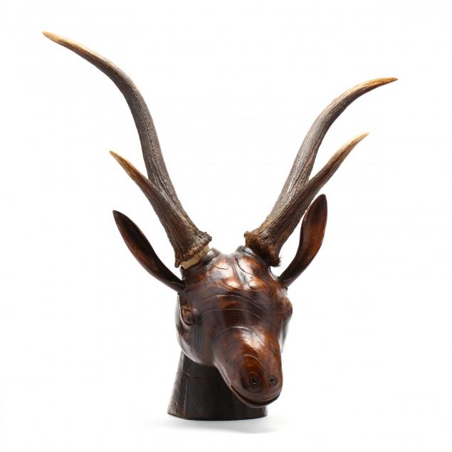 chinese-carved-wood-and-antler-deer-head