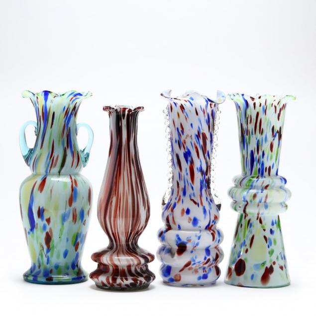 four-czech-spatter-art-deco-glass-tall-vases