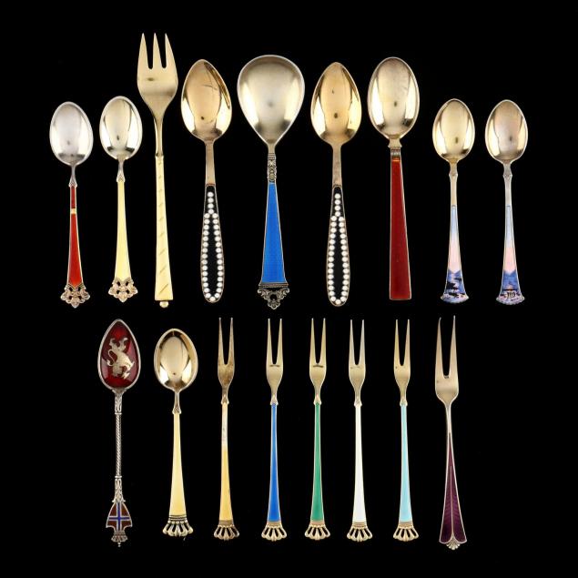 an-assembled-grouping-of-enameled-silver-gilt-flatware