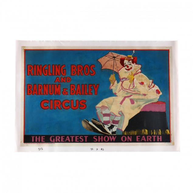 ringling-bros-and-barnum-bailey-circus-clown-with-parasol-vintage-poster-1943