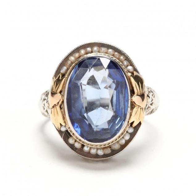 14kt-white-gold-synthetic-sapphire-and-seed-pearl-ring