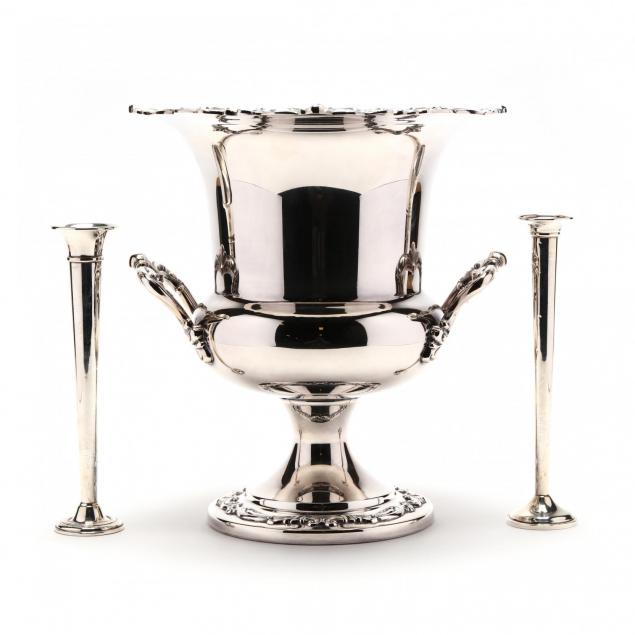 a-silverplate-wine-cooler-and-a-pair-of-sterling-silver-bud-vases