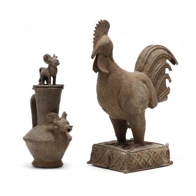 african-bronze-rooster-and-figural-ewer