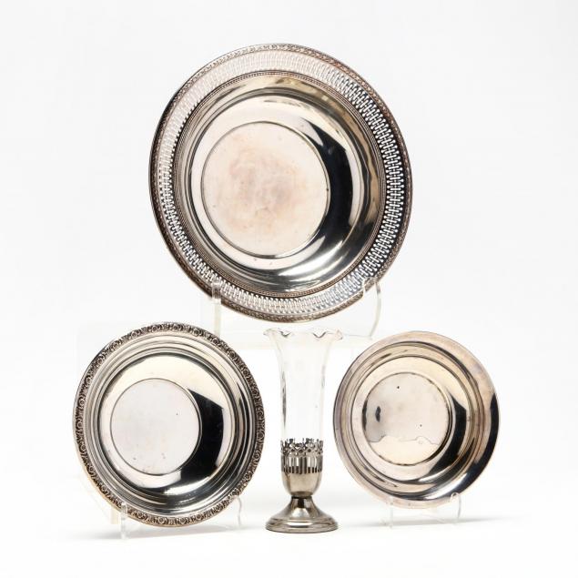 three-sterling-silver-bowls-and-silverplate-glass-posey-vase