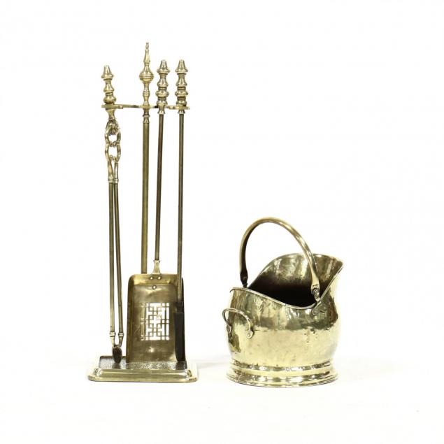 vintage-brass-fireplace-tools-and-coal-bucket