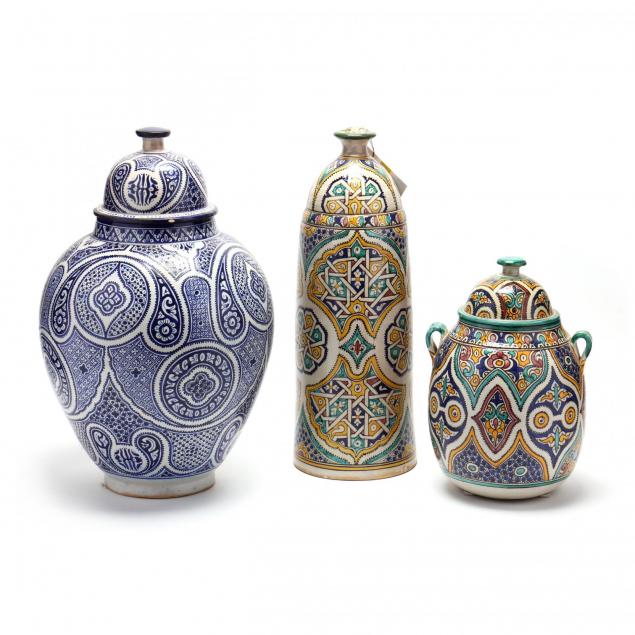 three-moroccan-lidded-ceramic-vases
