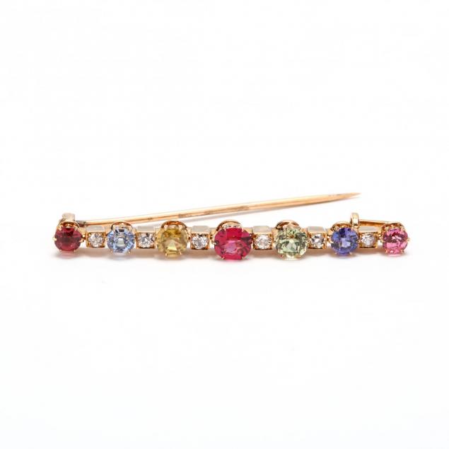 14kt-gold-multi-stone-and-diamond-bar-brooch