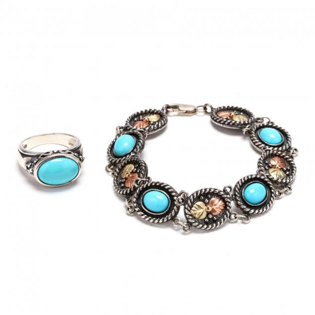 sterling-turquoise-ring-and-a-gold-and-silver-simulant-turquoise-bracelet