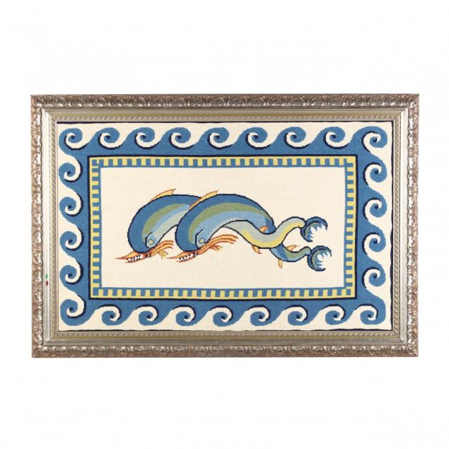 needlepoint-depiction-of-dolphins-after-a-roman-mosaic