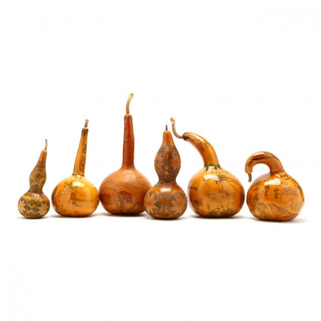 group-of-six-hand-painted-gourds-two-commemorate-turkish-invasion