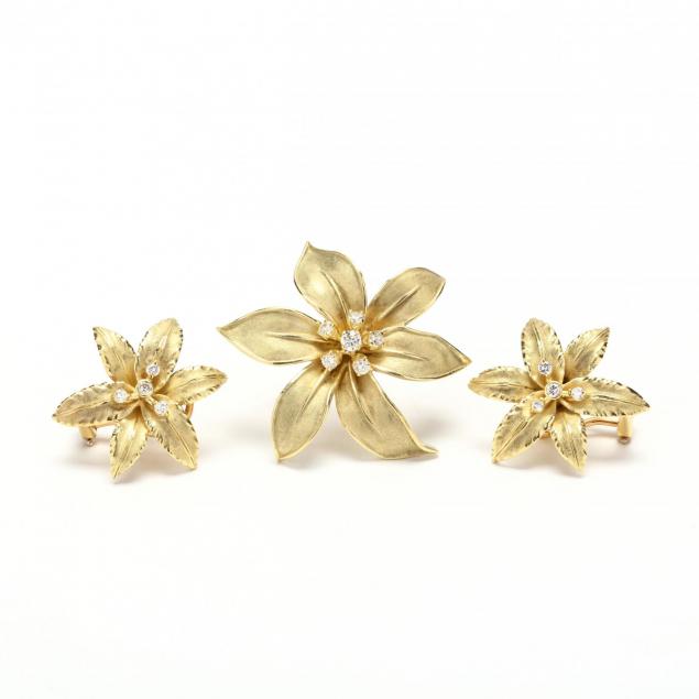 18kt-gold-and-diamond-brooch-and-earrings-signed