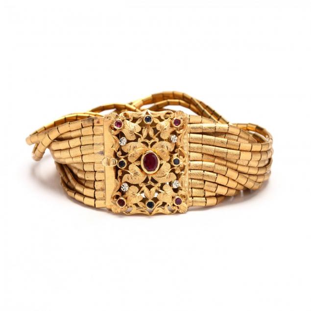 18kt-gold-ruby-and-sapphire-multi-strand-bracelet-signed