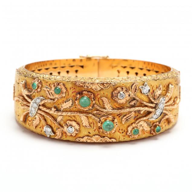 18kt-gold-diamond-and-emerald-bangle-bracelet