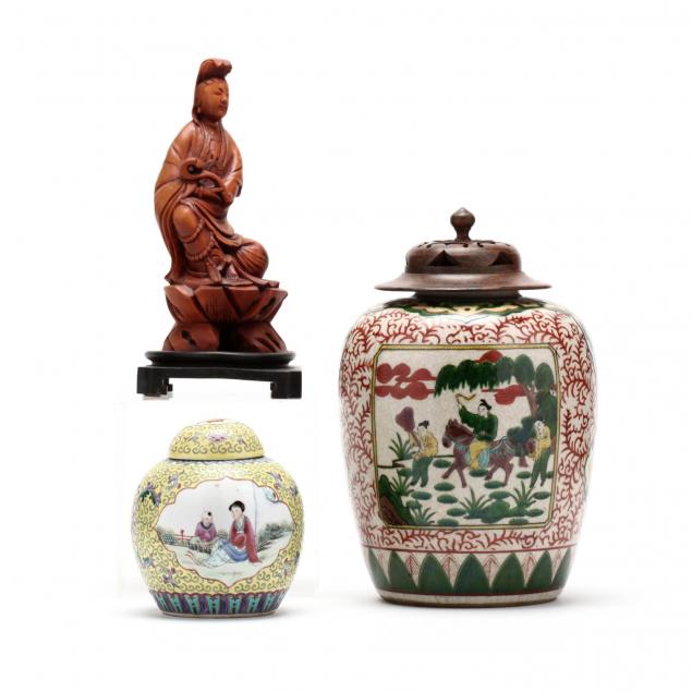 two-chinese-covered-ginger-jars-and-carved-wooden-guanyin