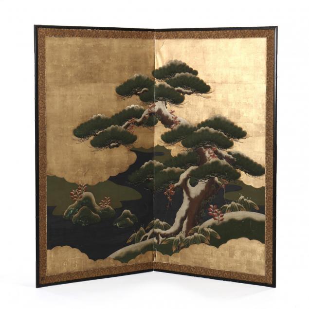 an-important-two-panel-japanese-screen-with-snow-covered-pine
