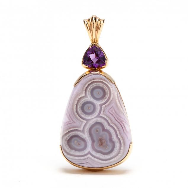 14kt-gold-blue-lace-agate-and-amethyst-pendant-signed