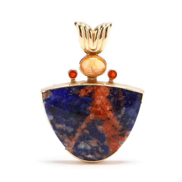 14kt-gold-sodalite-and-orange-stone-pendant-signed