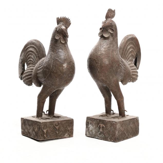 two-african-benin-bronze-roosters