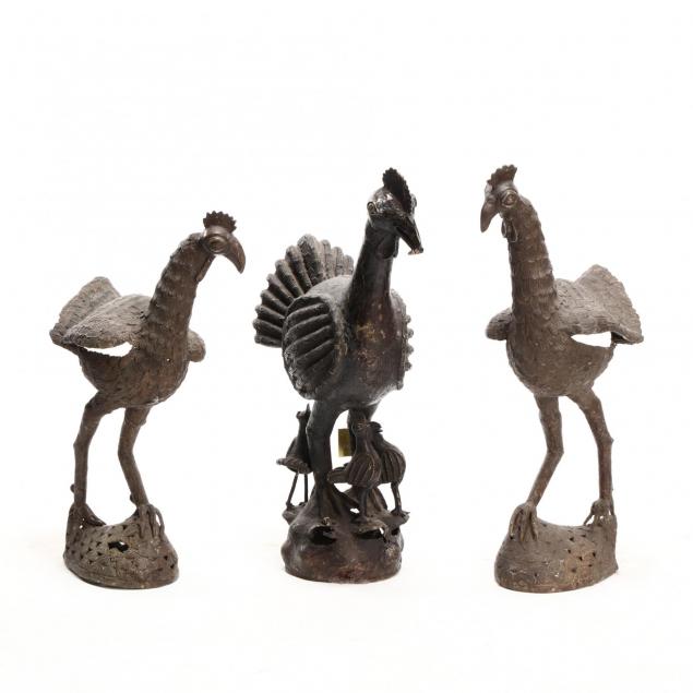 three-african-benin-bronze-roosters