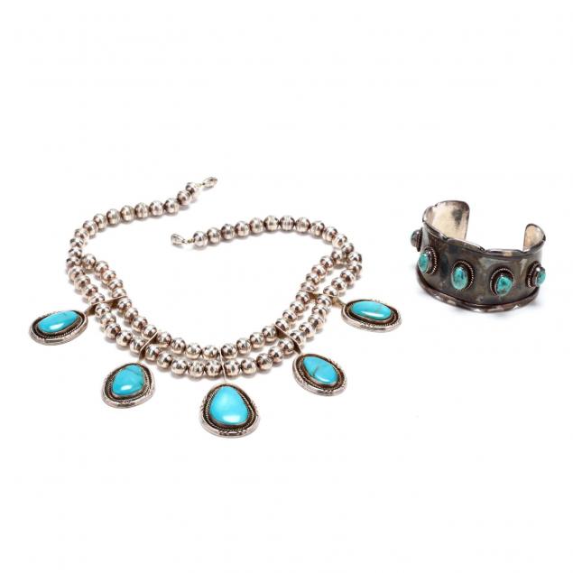 southwestern-silver-and-turquoise-squash-blossom-necklace-and-bracelet