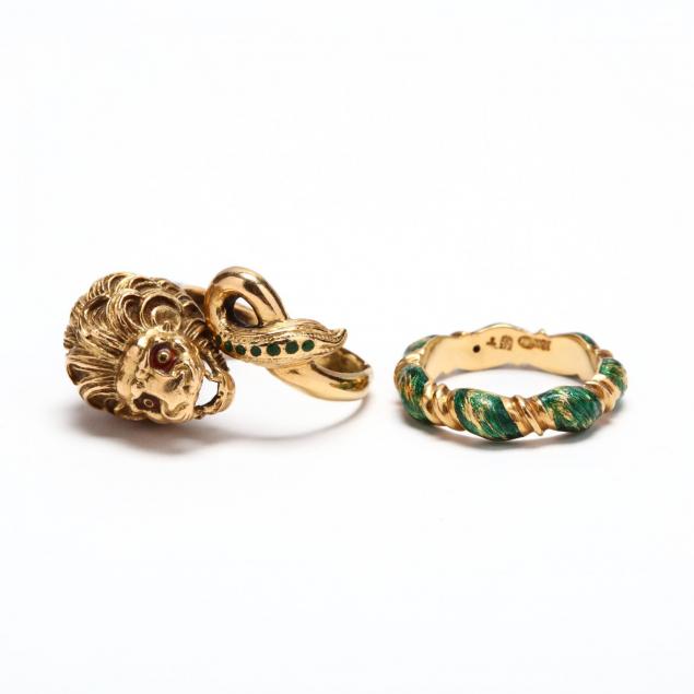 two-18kt-gold-and-green-enamel-rings