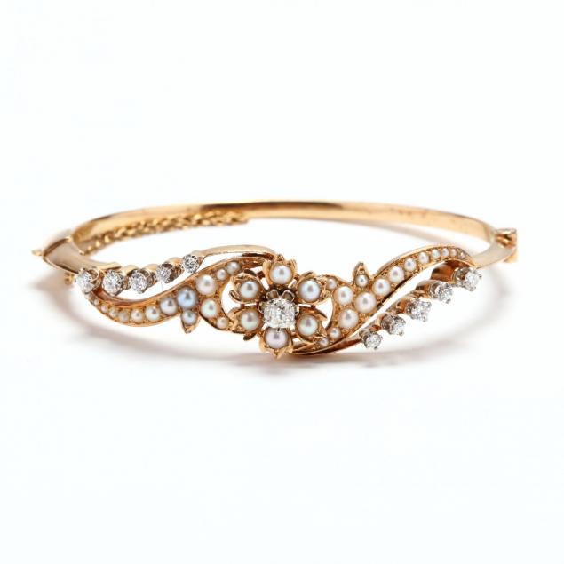 14kt-gold-diamond-and-seed-pearl-bangle-bracelet