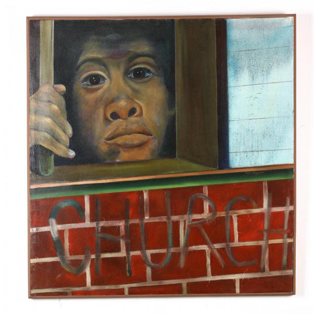 large-enigmatic-painting-of-a-prisoner-behind-bars-titled-i-church-i