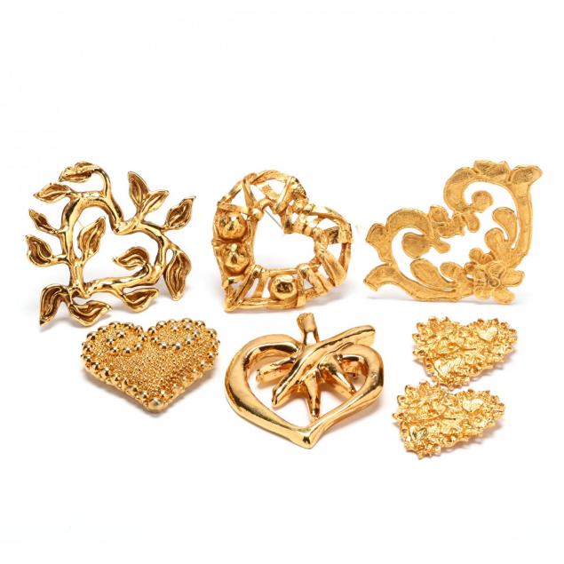 a-group-of-seven-gold-tone-heart-brooches-christian-lacroix