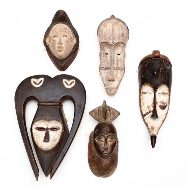 group-of-five-african-tribal-carved-wood-masks
