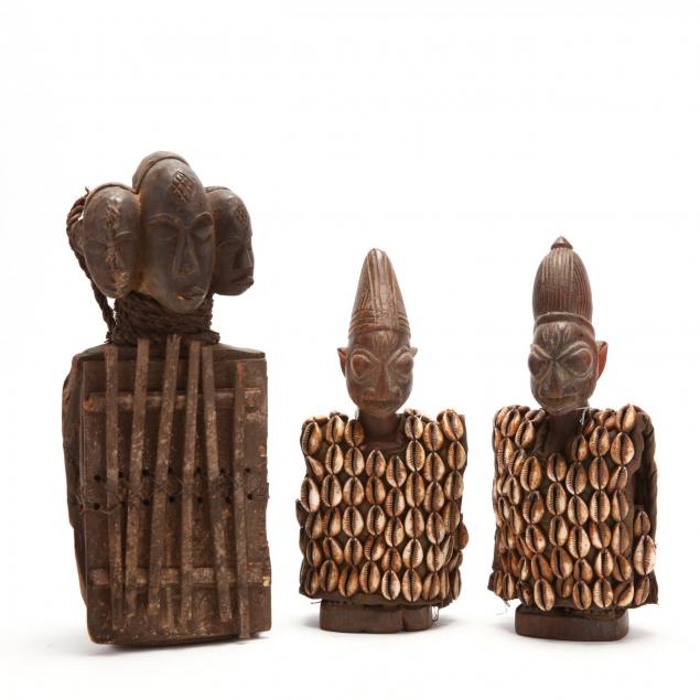 two-yoruba-ibeji-figures-and-three-headed-kalimba