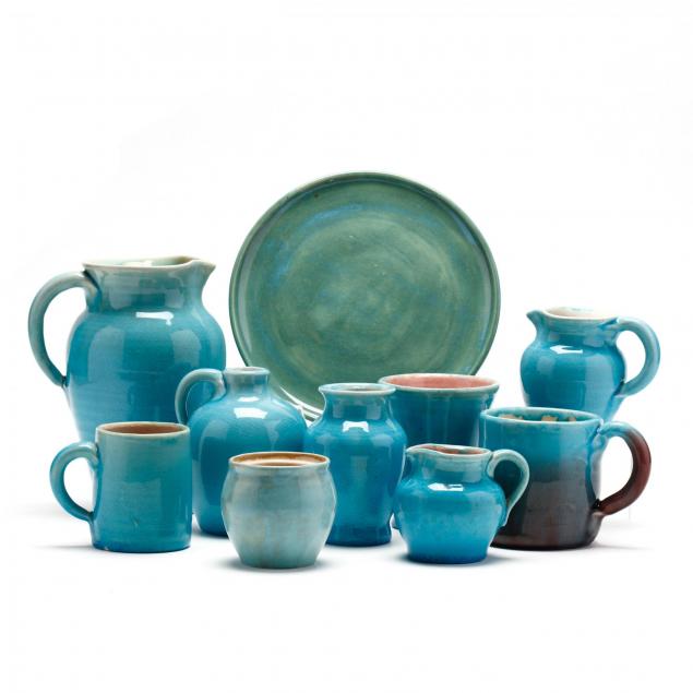 ten-pieces-of-turquoise-glazed-pisgah-forest-pottery