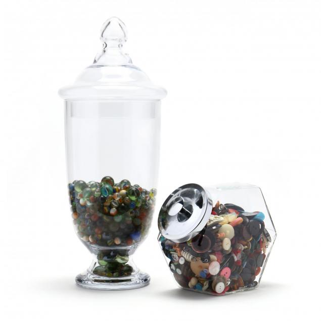 two-glass-jars-with-vintage-buttons-and-marble-collections