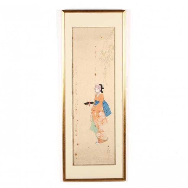 an-antique-japanese-painting-on-silk-of-a-young-woman