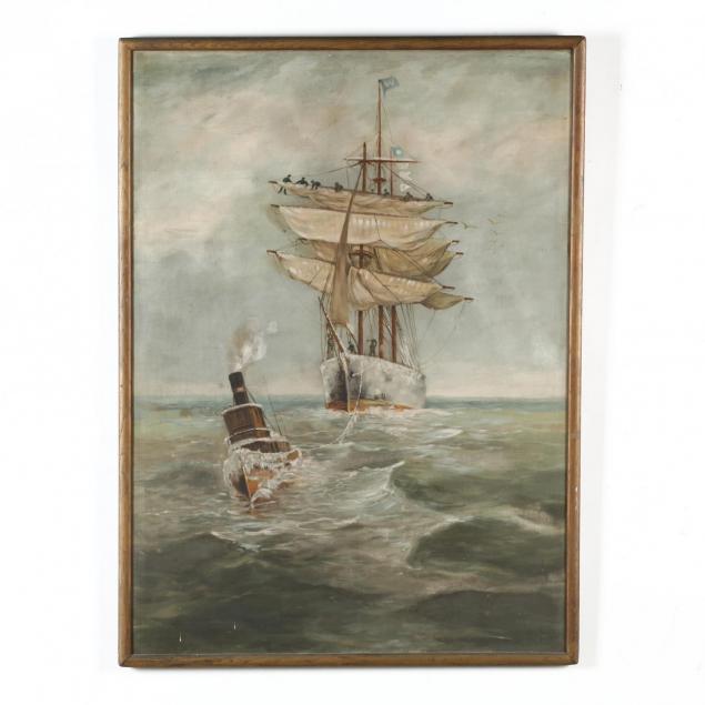 an-antique-maritime-painting-with-ship-and-tugboat
