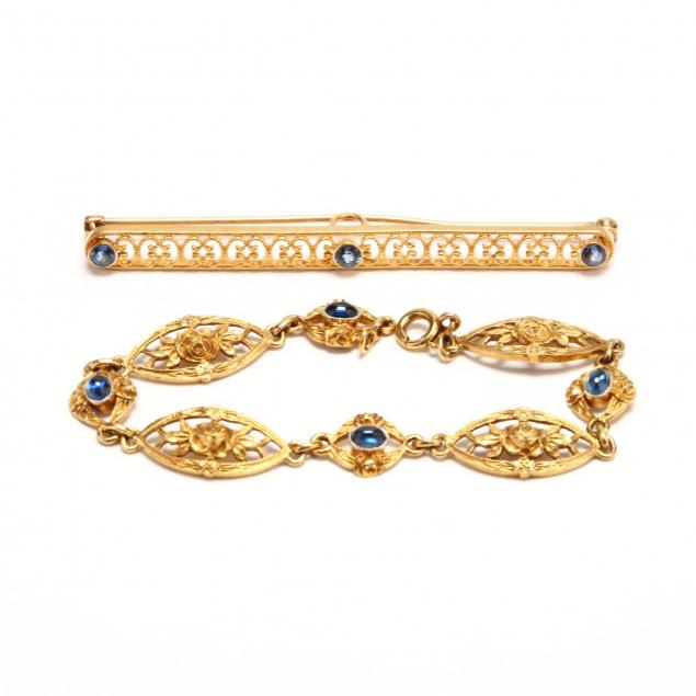 gold-and-sapphire-bracelet-and-a-krementz-gem-set-brooch