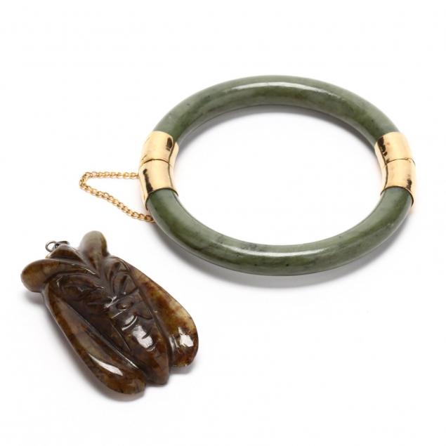 a-nephrite-bangle-and-a-moss-agate-insect-pendant