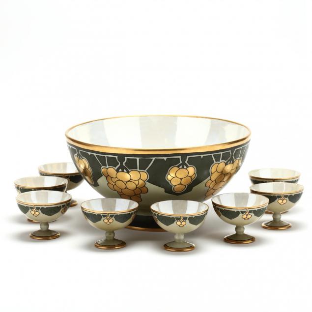 limoges-arts-and-crafts-painted-punch-bowl-set